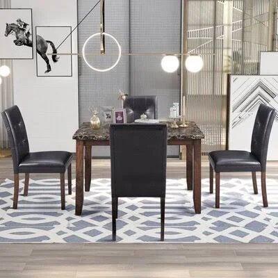 Faux Marble 5-Piece Dining Set Table with 4 Thicken Cushion Dining Chairs Home Furniture, Brown/Black Winston Porter