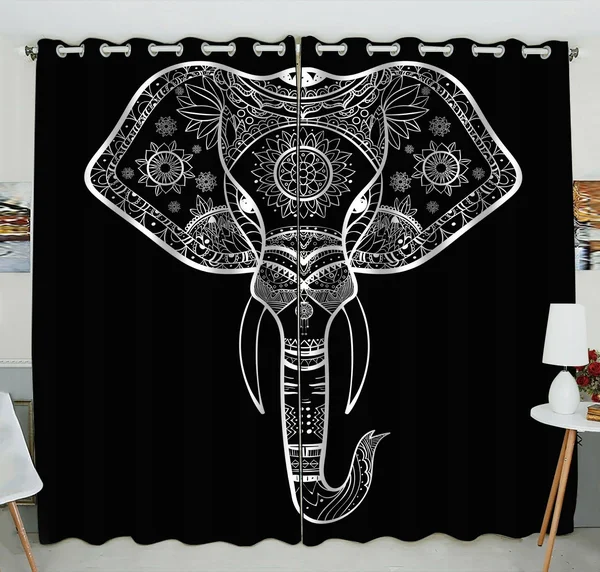 Black and White Henna Elephant Head Window Curtain Kitchen Curtain Window Drapes Panel