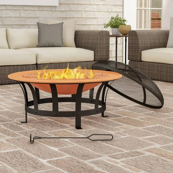 Pure Garden 30 in. W x 20 in. H Round Steel Wood Burning Outdoor Deep Fire Pit in Copper/Black with Grilling Grate, Multi-Colore