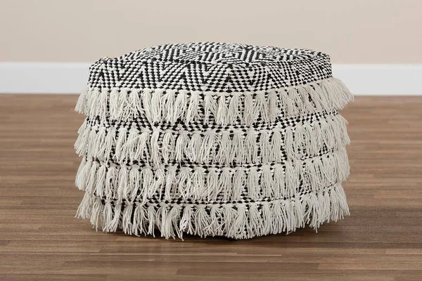 Baxton Studio Alain Moroccan Inspired Black and Ivory Handwoven Wool Tassel Pouf Ottoman