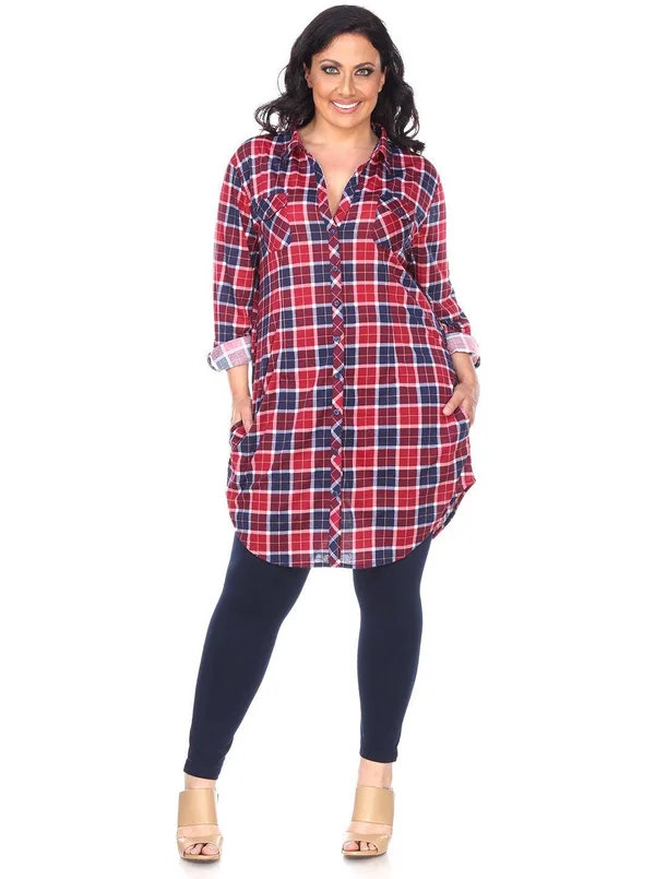 White Mark Plus Piper Stretchy Plaid Tunic - 1x, Burgundy B