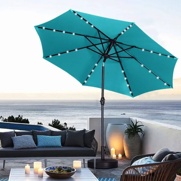 Ainfox 9ft Patio Umbrella with LED Lights & Round Base - Brown - 9 x 9 x 7.61ft