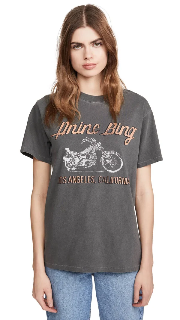 Anine Bing Lili T-Shirt Motorcycle in Charcoal, Medium