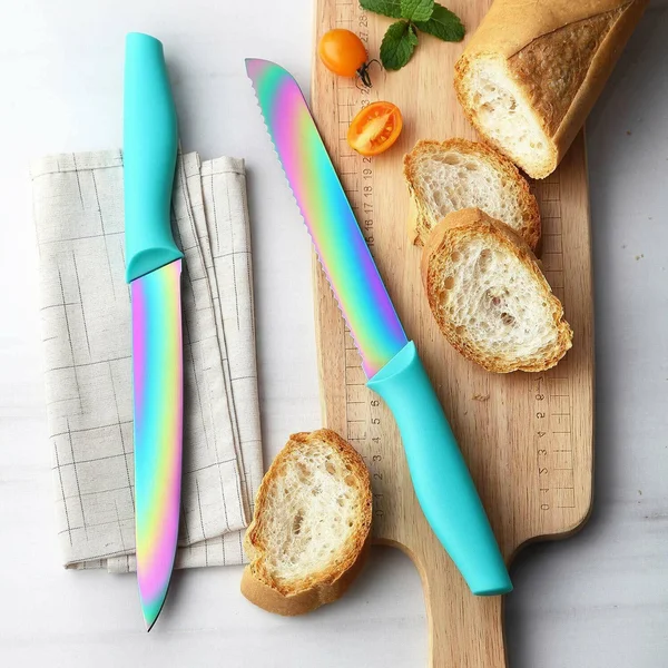 Dishwasher Safe Rainbow Titanium Cutlery Knife Set - Marco Almond Kya27 Kitchen Knives Set with Wooden Block, Rainbow Titanium