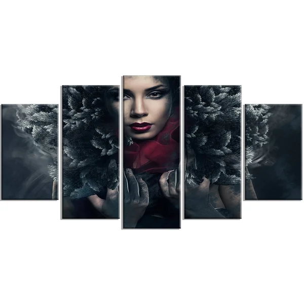Design Art Passionate Woman in Feather Hood - Art Portrait Canvas Print - 60 x 28 5 Equal Panel