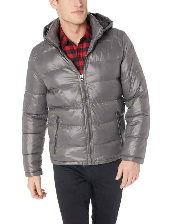 Guess Men's Hooded Puffer Coat - Smoke