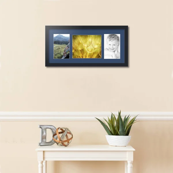 Collage Picture Frame, Satin Black Frame with 3 openings for 8x10 Photos with Delft Blue Mat. D3926FI124, ArtToFrames