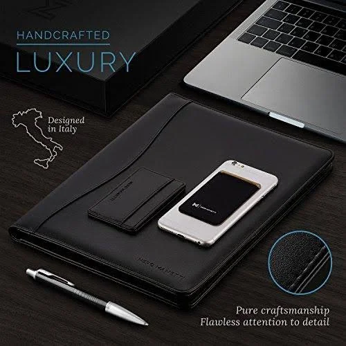 Nero MANETTI- Leather Portfolio Folder - Business PU Leather Portfolio Notepad Holder for Resumes - Legal Pad Portfolio Executive