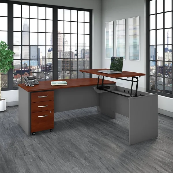 Bush Business Furniture Series C 72w 3 Position Bow Front Sit to Stand L Shaped Desk with File Cabinet, Hansen Cherry/Graphite G