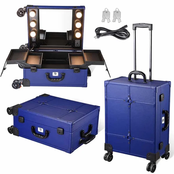 AW Tabletop Makeup Train Case w/ LED Lights Mirror Cosmetic Trolley Travel Makeup Station