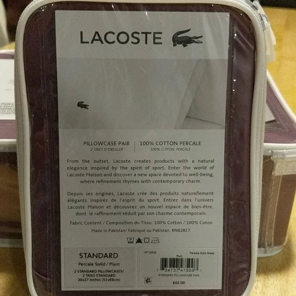 Lacoste 100% Cotton Percale Sheet Set - Solid, Plum, Full