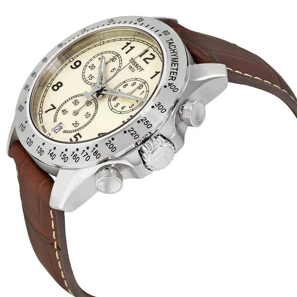 Tissot V8 Chronograph Leather Strap Watch, 43mm Brown/ Ivory/ Silver