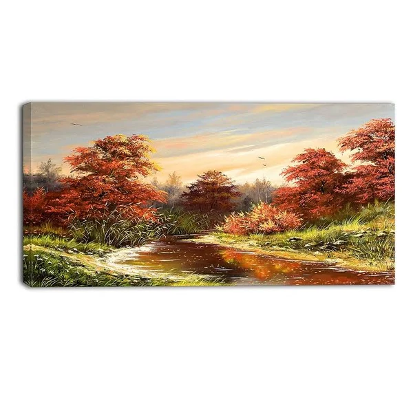 Design Art The River Landscape Painting Print on Wrapped Canvas - 20x22 H x 40x22 W