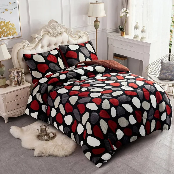 3-Piece Floral Printed Pattern Sherpa-Backing Reversible Comforter Set (Red Stone - King)