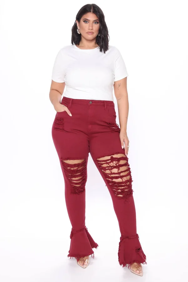 Womens Fray What You Mean Flare Leg Jeans in Burgundy Size 13 by Fashion Nova