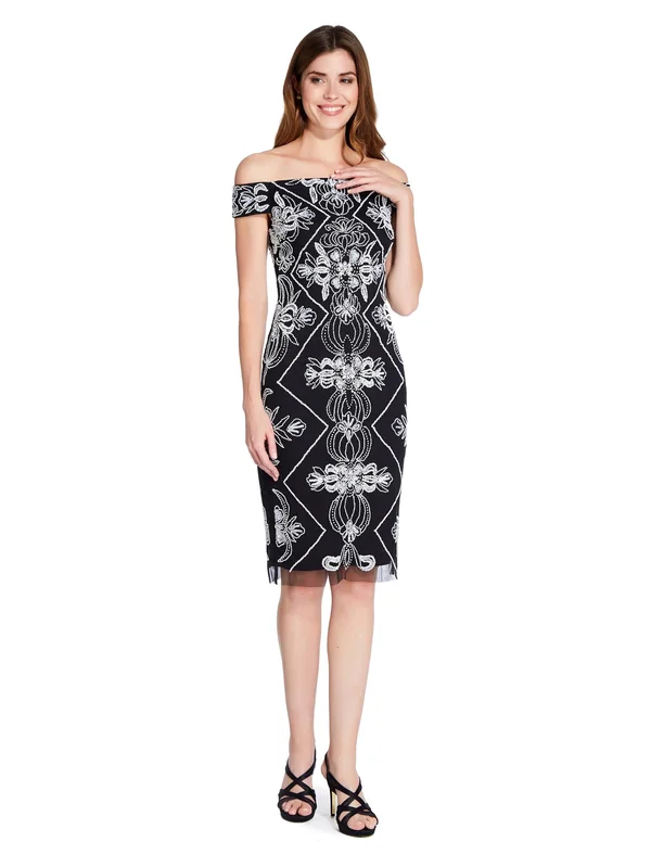 Adrianna Papell Womens Beaded Off-The-Shoulder Party Dress - Black White
