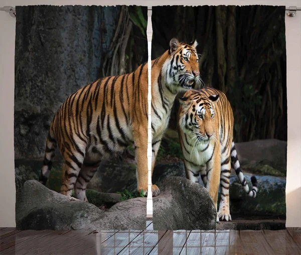 Ambesonne Animal Curtains - Tiger Couple in The Jungle on Big Rocks Image Wild Cats in Nature Image Print, Living Room Bedroom Wi