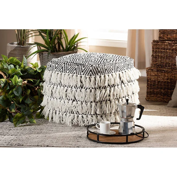 Baxton Studio Alain Moroccan Inspired Black and Ivory Handwoven Wool Tassel Pouf Ottoman