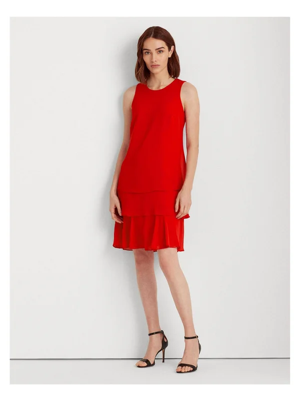 Lauren Ralph Lauren Georgette Layered Hem Sleeveless Shift Dress, Womens, 10, Red