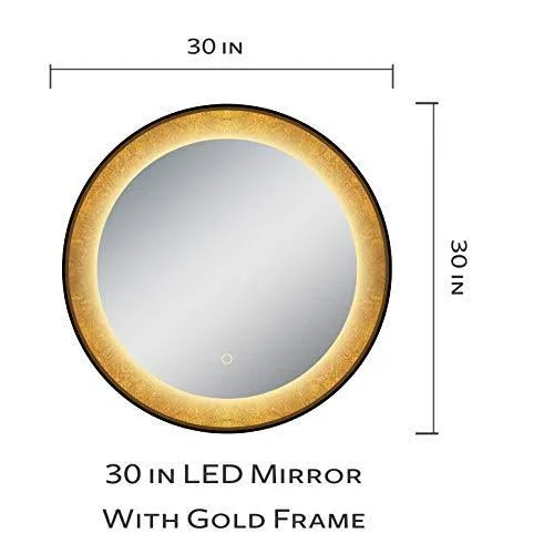 Dreamwerks 30 x 30 inch Round Wall-Mounted LED Vanity/Bathroom Mirror with Touch Switch, IP44 Waterproofing, and A Gold Frame