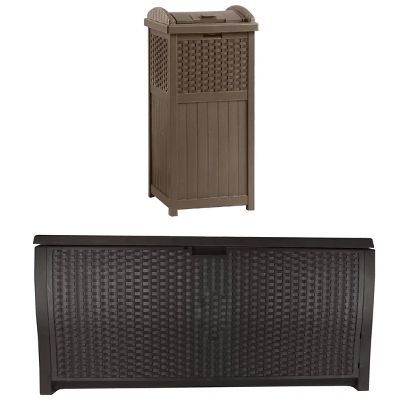Suncast 33 Gal Resin Wicker Outdoor Garbage Can & 99 Gal Patio Resin Pool Box