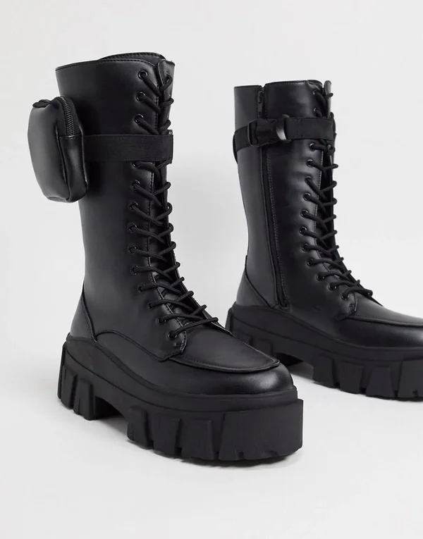 ASOS Design High Lace Up Calf Boots in Black Faux Leather on Chunky Sole with Pocket Detail