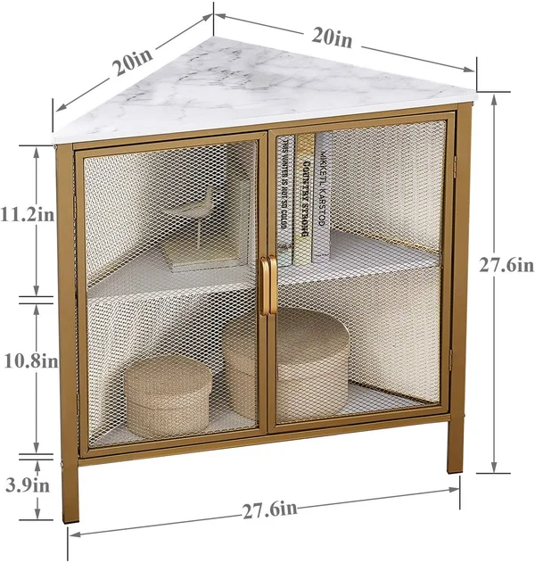 VECELO 3 Tiers Corner Shelf Metal Frame Shelves Storage Organizer with VENTILATION Protection DOOR, Glod, 19.7 x 19.7 x 29.6 inches