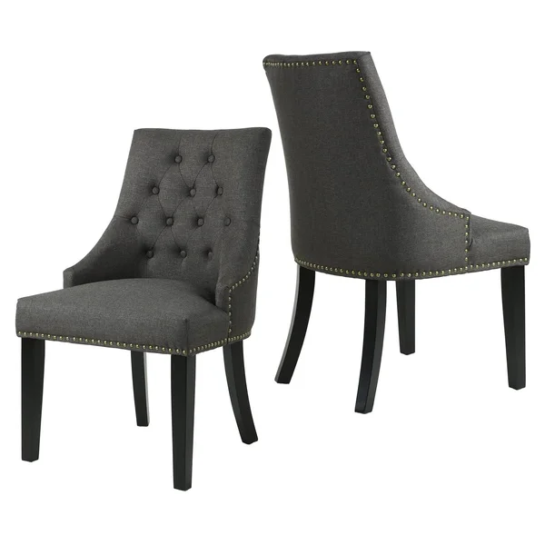 LSSBOUGHT Set of 2 Fabric Dining Chairs Leisure Padded Chairs with Black Solid Wooden Legs - Nailed Trim, Charcoal