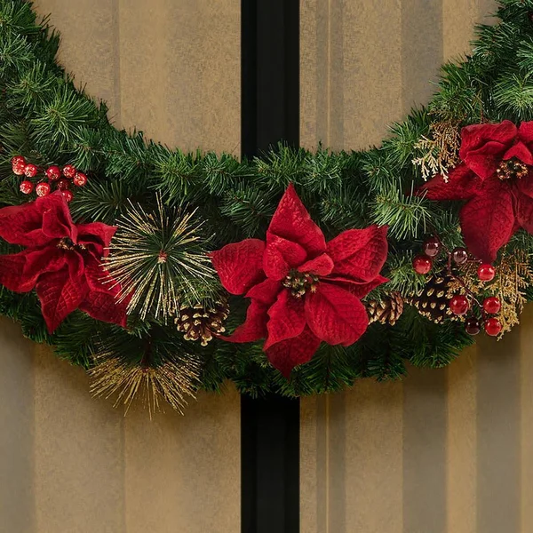 Home Holiday Accent 48 in. Burgundy Poinsettia Mixed Pine Wreath with Berries, Gold Glitter Cedar