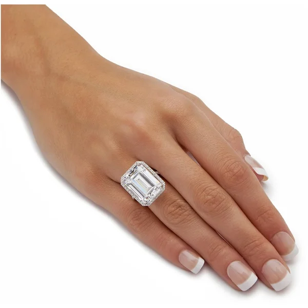 19.57 TCW Emerald-Cut Cubic Zirconia Halo Ring in Platinum Over Sterling Silver