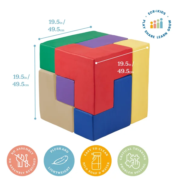 Ecr4kids Softzone Brainy Soft Foam Blocks, Soma Cube Puzzle, Assorted Colors (7-Piece Set)