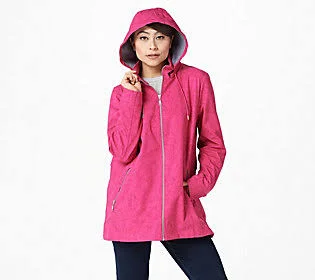 Nuage Bonded Printed Jacket with Removable Hood, Size Medium, Raspberry