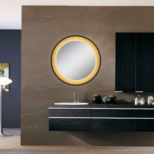 Dreamwerks 30 x 30 inch Round Wall-Mounted LED Vanity/Bathroom Mirror with Touch Switch, IP44 Waterproofing, and A Gold Frame