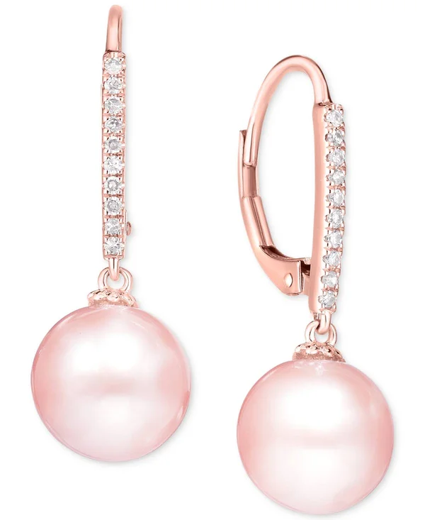 14K White Gold Earrings, Cultured Freshwater Pearl (10mm) and Diamond ( 1/10 ct.t.w) Leverback Earrings (also Available in 14K Y