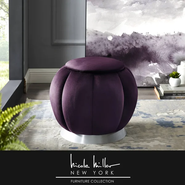 Nicole Miller Alfie Ottoman - Upholstered - Channel Tufted, Gold Matte Base - Purple