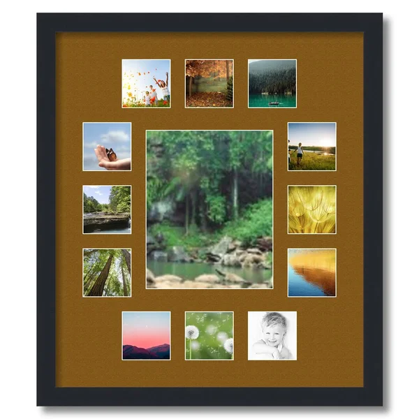 Collage Picture Frame, Satin Black Frame with 13 openings for 8x10 Photos with Brown Coronado Mat. D3926EB676, ArtToFrames