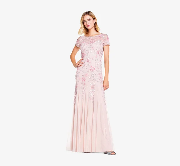 Adrianna Papell Hand Beaded Short Sleeve Floral Godet Gown - Blush, Size: 20