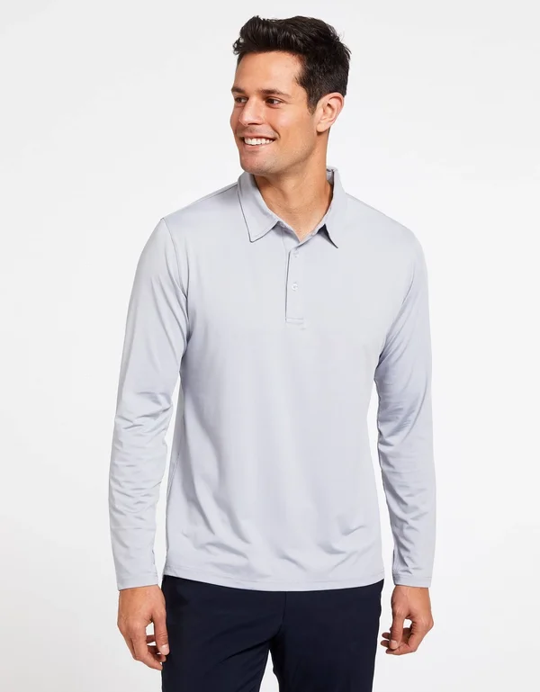 Sun Protective Long Sleeve Polo Shirt for Men UPF 50+, UV Protection Light Grey