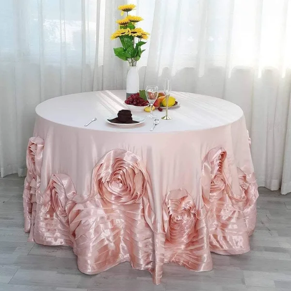 120x22 Blush Round Large Raised Roses Lamour Satin Tablecloth