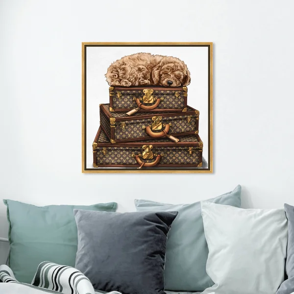Oliver Gal Fashion and Glam Wall Art Framed Canvas Prints 'Sleeping Poodle' Travel Essentials - Brown - White - 24 x 24 - Gold
