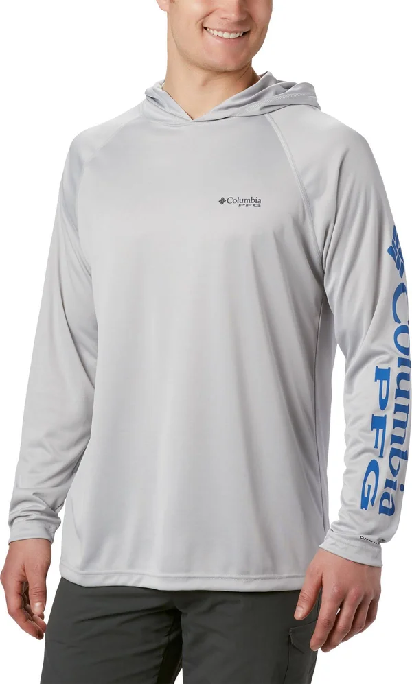 Columbia Men's PFG Terminal Tackle Hoodie - Cool Grey, Vivid Blue Logo