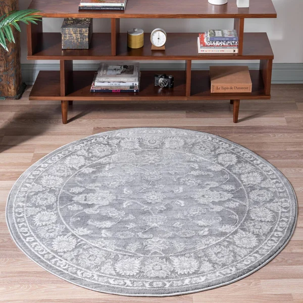 Boston 5 ft Round Gray Floral Area Rug