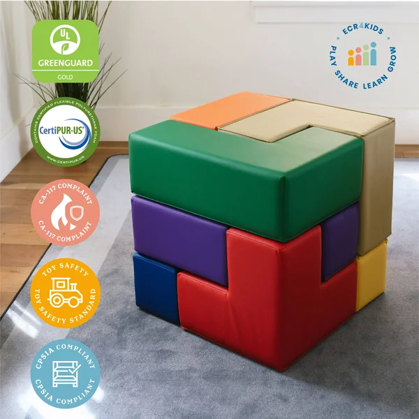 Ecr4kids Softzone Brainy Soft Foam Blocks, Soma Cube Puzzle, Assorted Colors (7-Piece Set)