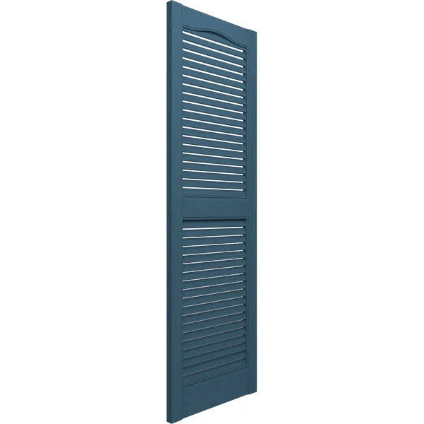 12 inchw x 69 inchh Lifetime Vinyl, Custom Straight Top Center Mullion, Open Louver Shutters, Classic Blue