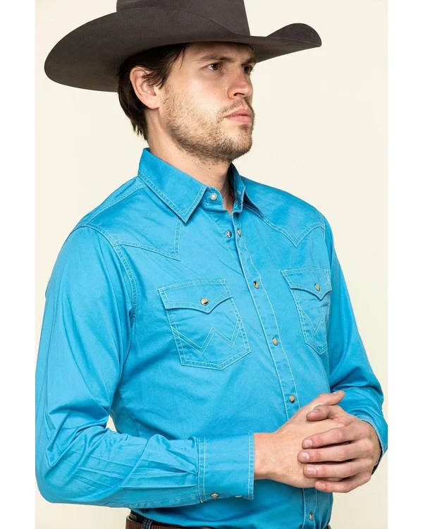 Wrangler Retro Men's Blue Solid Long Sleeve Western Shirt