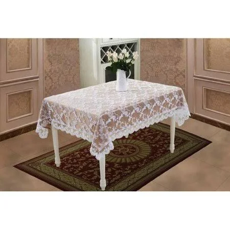 Violet Linen Bridal Royal Lace Embroidered Flower Tablecloth, Beige