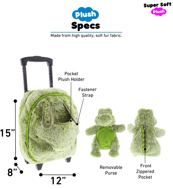Dollibu Alligator Plush Trolley & Purse Set - 3-in-1 Kids Trolley - Backpack & Green Alligator Purse, Plush Backpack on W