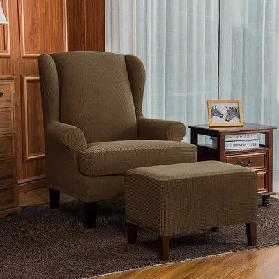 Textured Grid Washable Stretch T-Cushion Wingback Slipcover Red Barrel Studio Fabric: Coffee