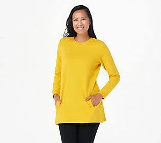 Denim & Co. Active Crew Neck Long Sleeve Tunic w/ Pockets - Size XX-Small, Marigold