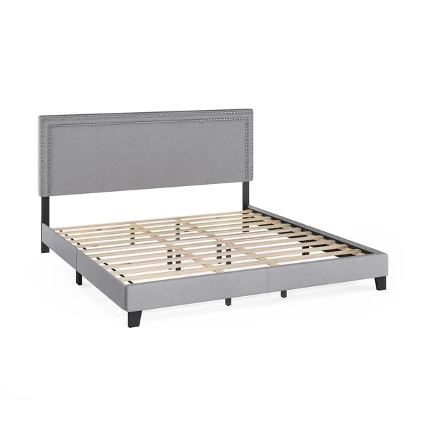 Furinno Laval Double Row Nail Head 12pc Slat Style Bed Frame, Queen, Linen